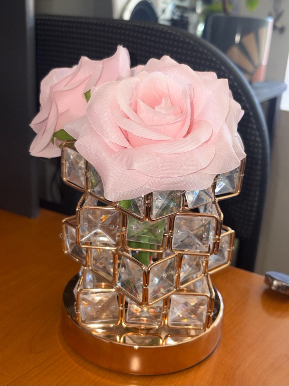Super cute desk lamp.  Clear with pink roses.